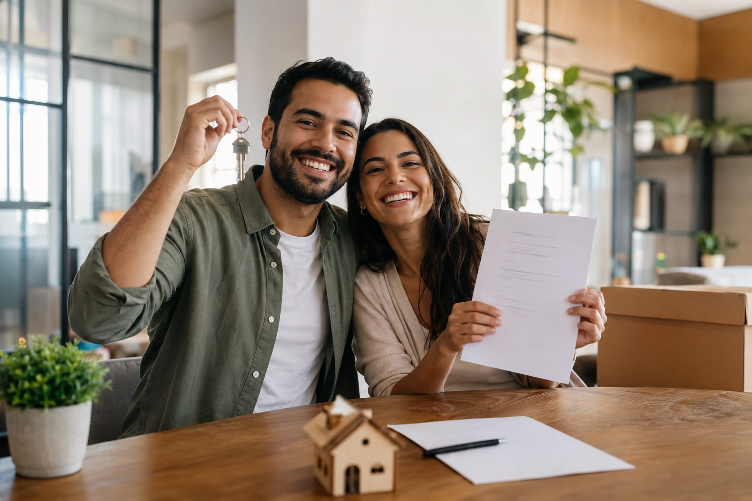 Casal feliz com chave e contrato após aprovação no aluguel